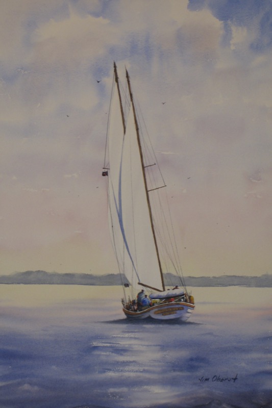 seascape, landscape, ship, boat, clipper, sailboat, maine, rockland, original watercolor painting, oberst